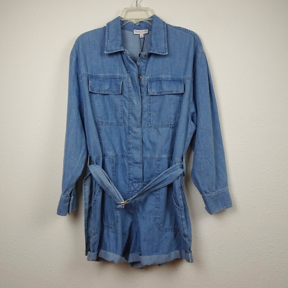 Gianni Bini Romper Women's Size 2 Blue Denim Long Sleeve Snap Front